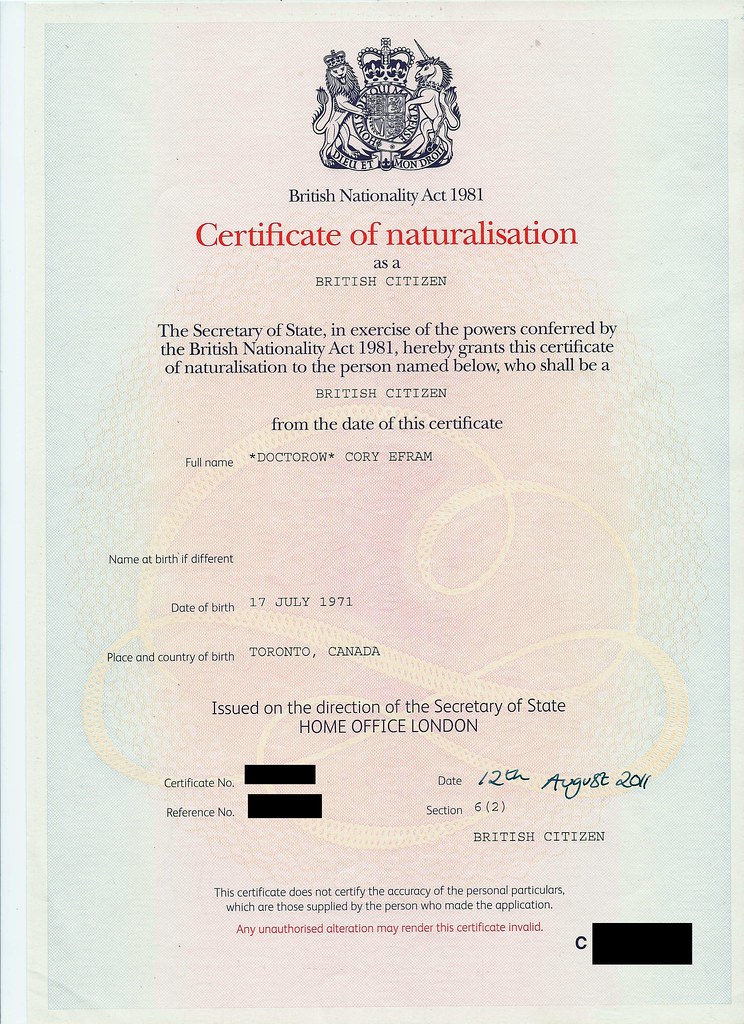 UK Citizenship Certificate, Cory Doctorow (redacted).tif a photo on