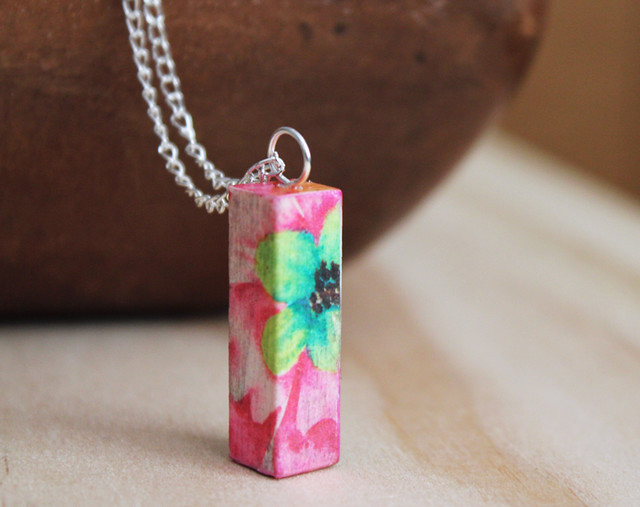 Cubical Floral pendant necklace Handmade with decoupage te… Flickr