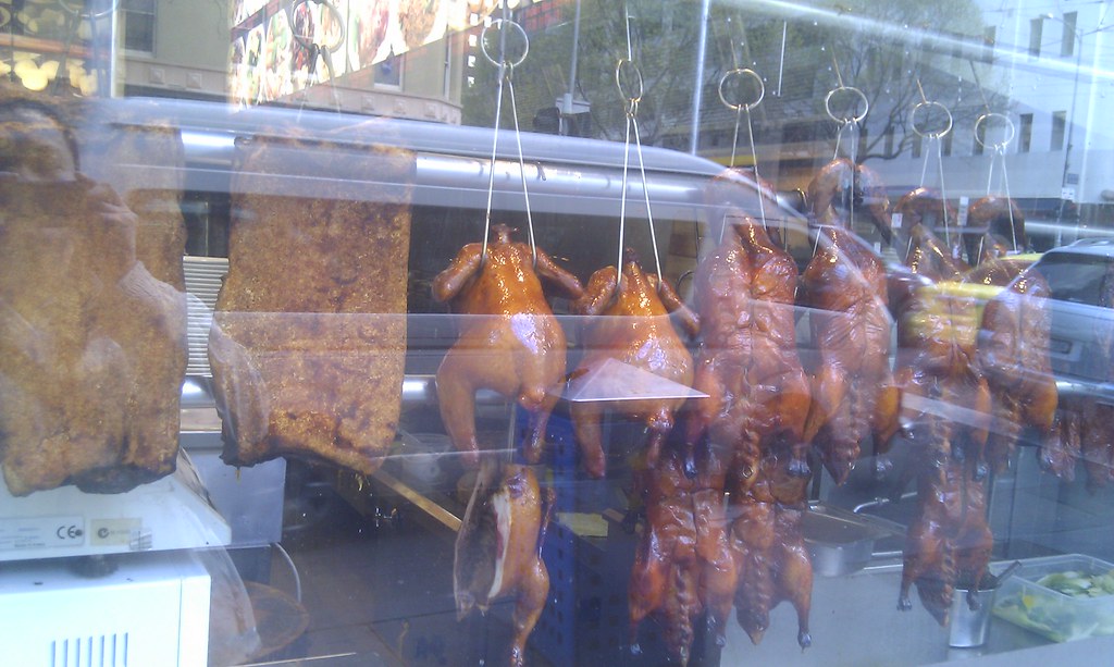 Roast duck, roast pork, soy sauce chicken display China Bar, Russell