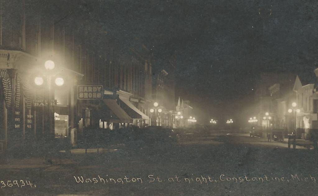 SW Constantine MI RPPC Night View of Main Street 1914 Downtown Stores