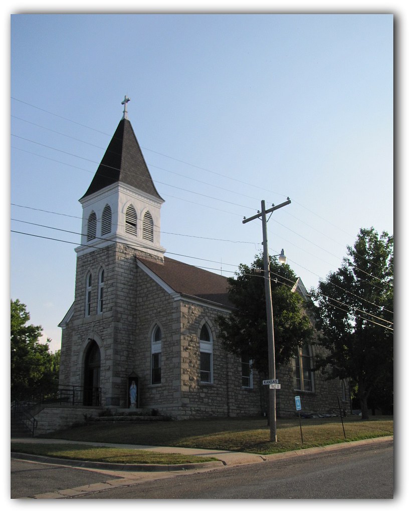 Stone church in shadows Catholic cgurch in Alma, Kansas. Flickr