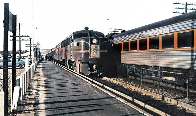 New Haven Railroad Shore Line passenger trains, one led by a single