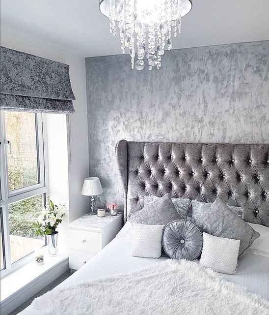 Grey, silver, white crushed velvet bedroom. Modern decor. … Flickr
