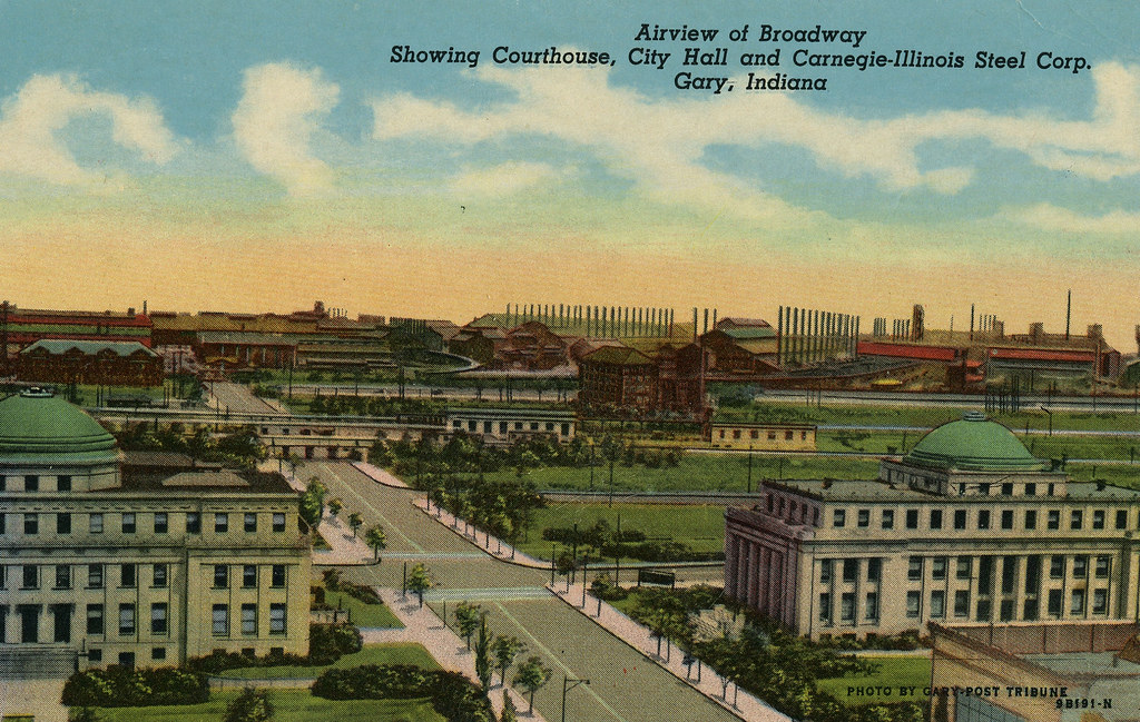 Airview of Broadway Showing Courthouse, City Hall and CarnegieIllinois