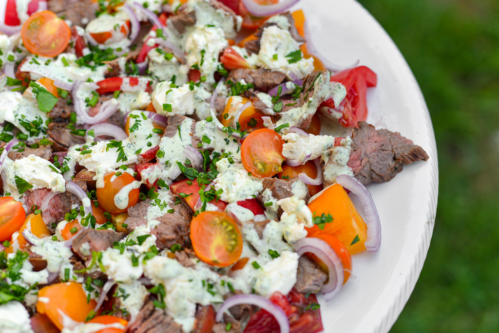 Grilled Skirt Steak and Tomato Salad with Green Goddess Dressing Recipe