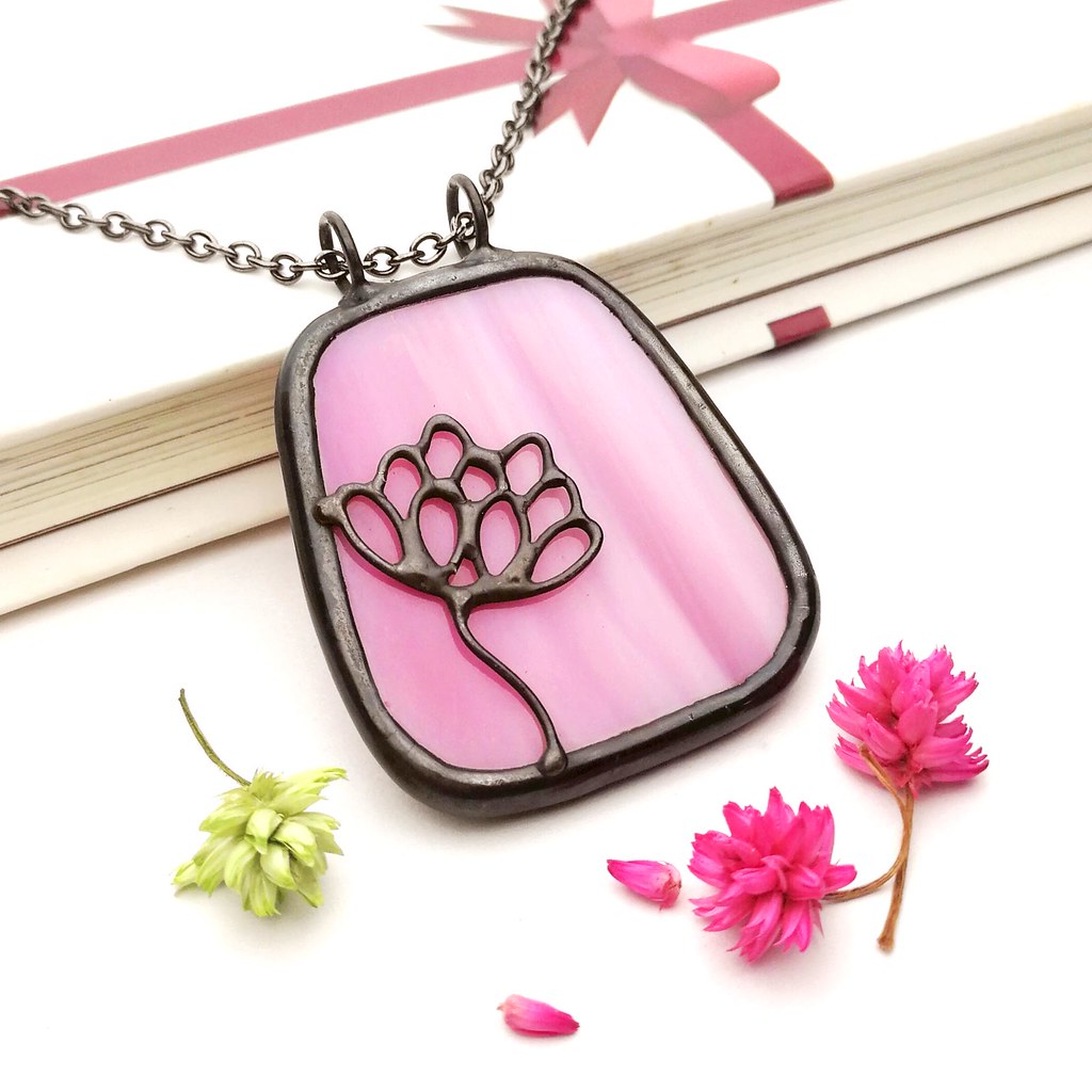 Pink Flora Stained Glass necklace Lee Chu Ling