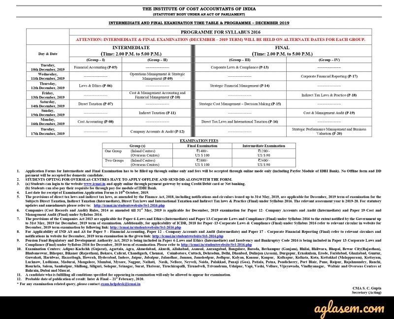 CMA Inter Registration 2019 Dates (Out), Application Form, Exam