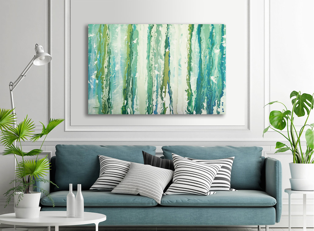 Turquoise Home Decor, Acrylic Pour Painting on Canvas, Turquoise Wall