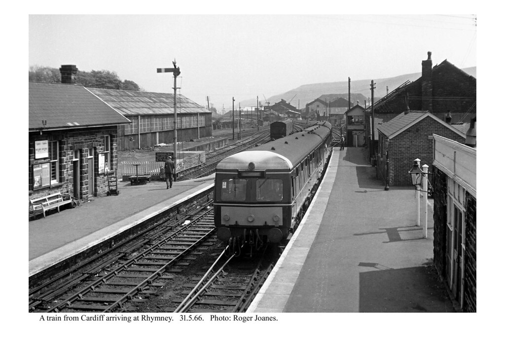 Rhymney. Diesel train arriving from Cardiff. 31.5.66 Flickr