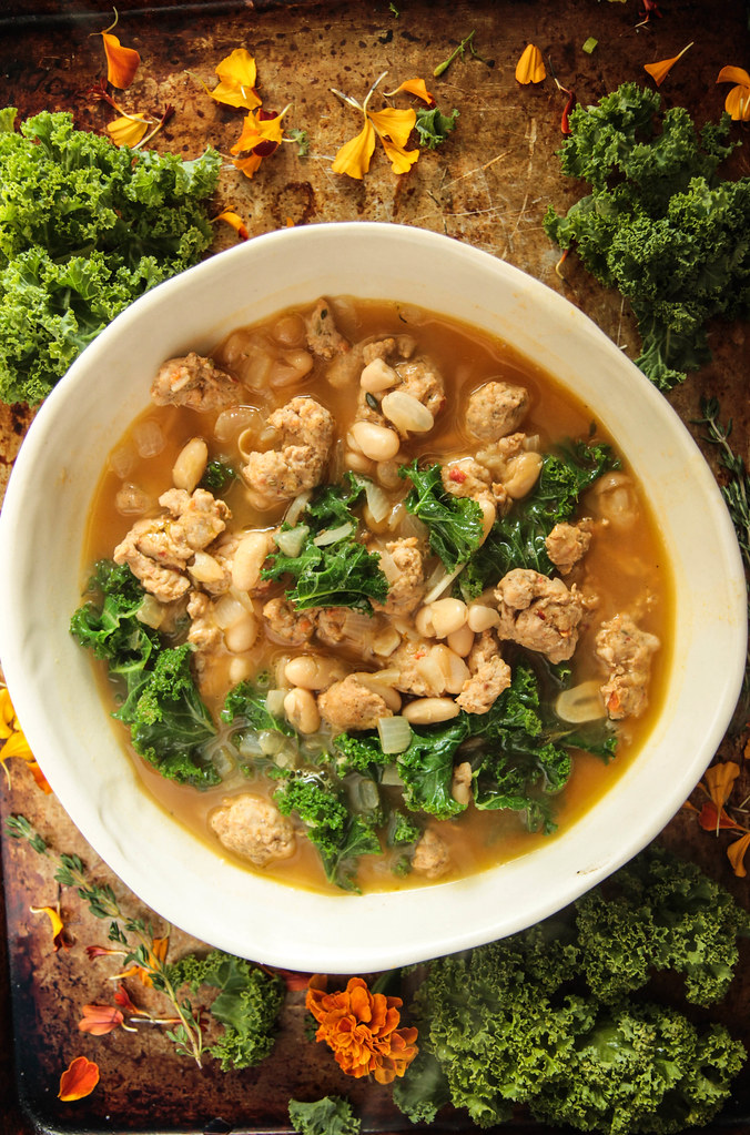 Chicken Sausage, Pumpkin, White Bean and Kale Soup Heather Christo