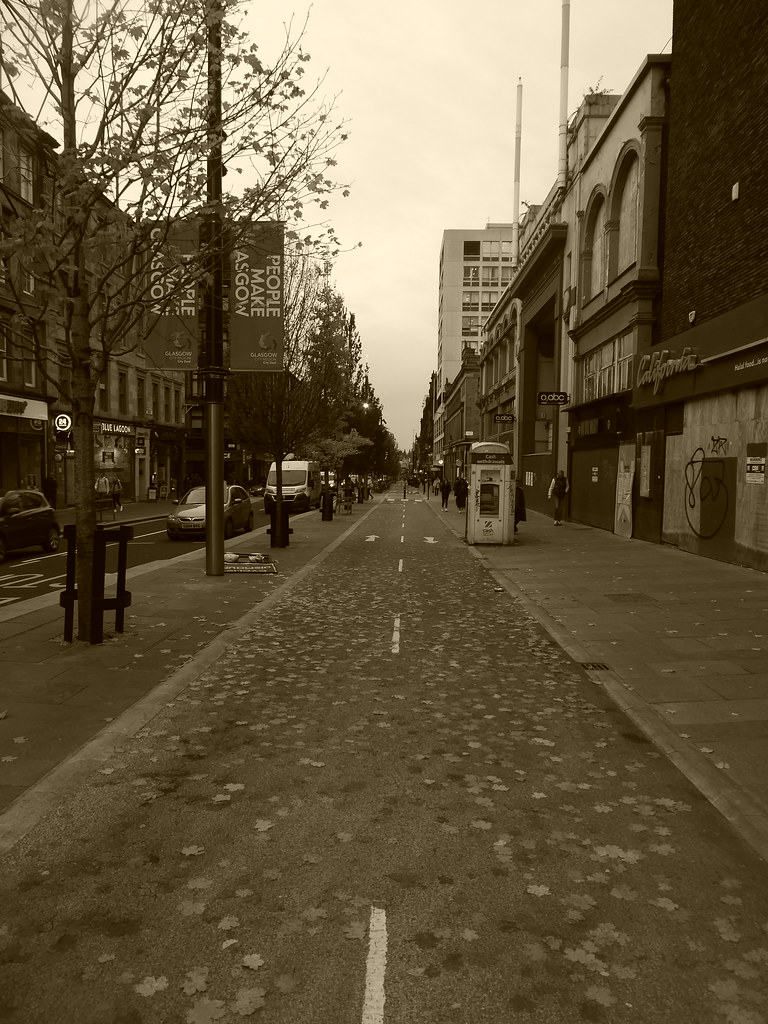 Cycle lane, Sauchiehall St, Glasgow. November 2019. sepia … Flickr