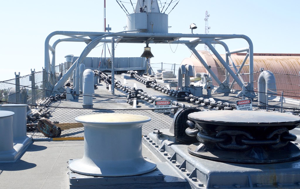 Port bow mooring line warping head, anchor chain wildcat and anchor
