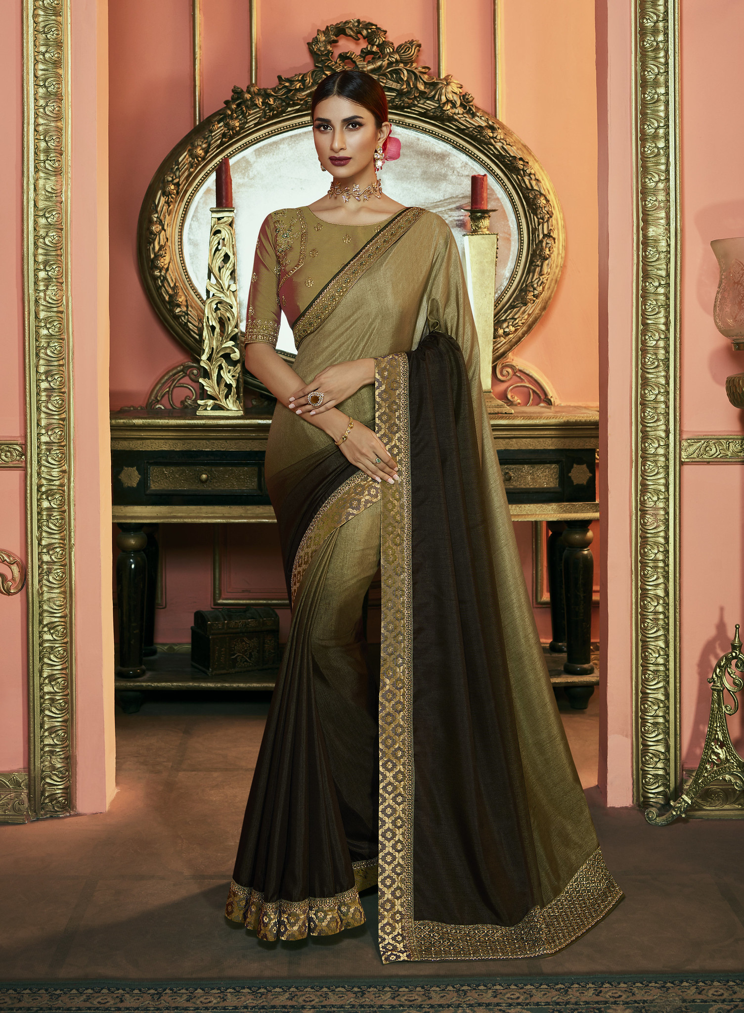 Dola Silk Saree Plain and Emboirdered Lace Border with Embroidered