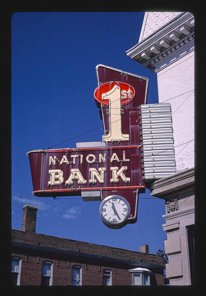 First National Bank sign, Main Street, Carlyle, Illinois (LOC) a