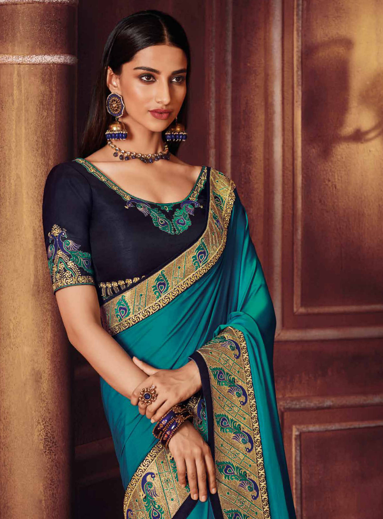 Satin Aqua Blue Thread and Zari Embroidered Lace Border Saree