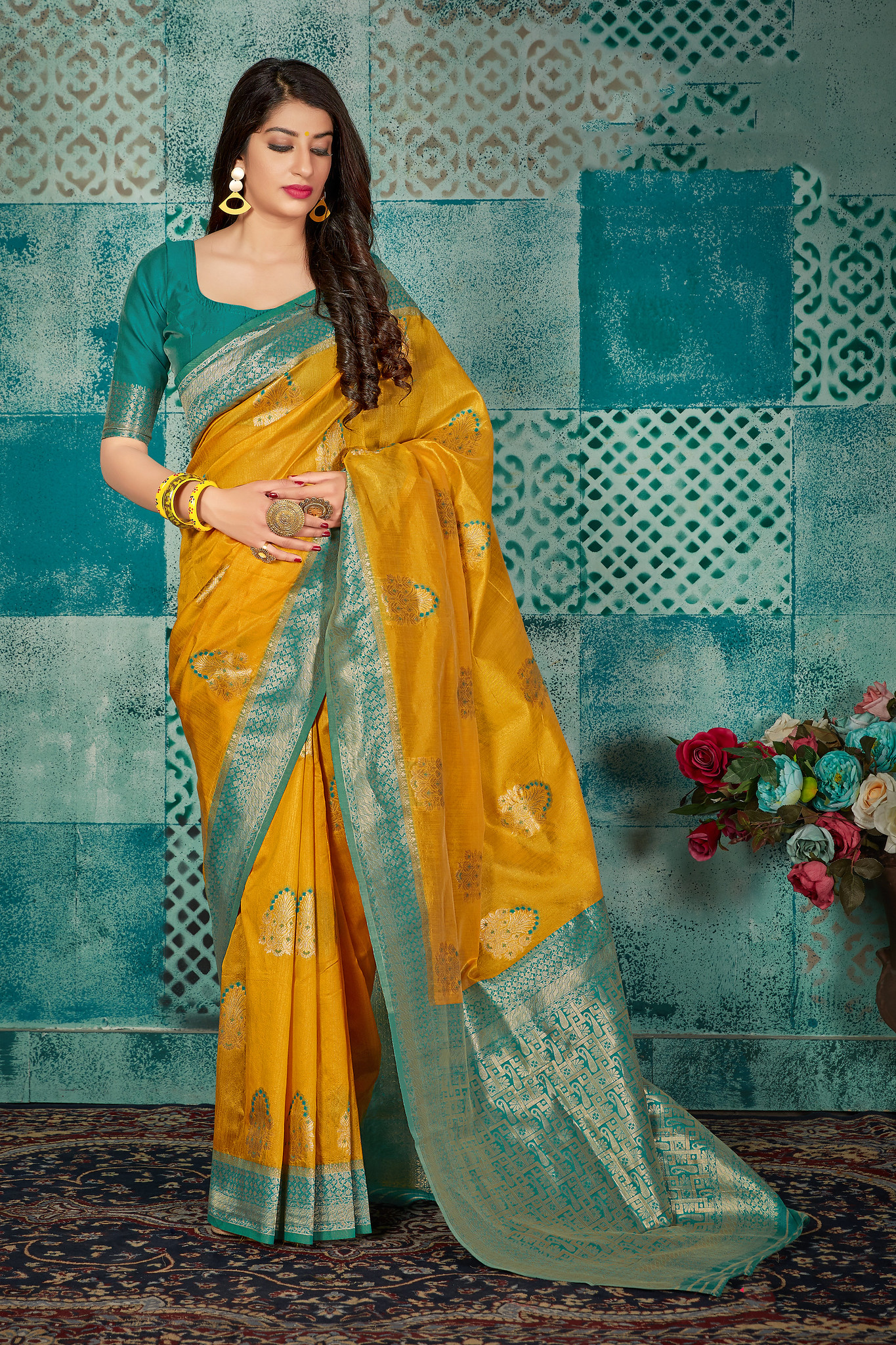 Banarasi Silk Yellow Saree with Firozi Blouse » BRITHIKA Luxury Fashion