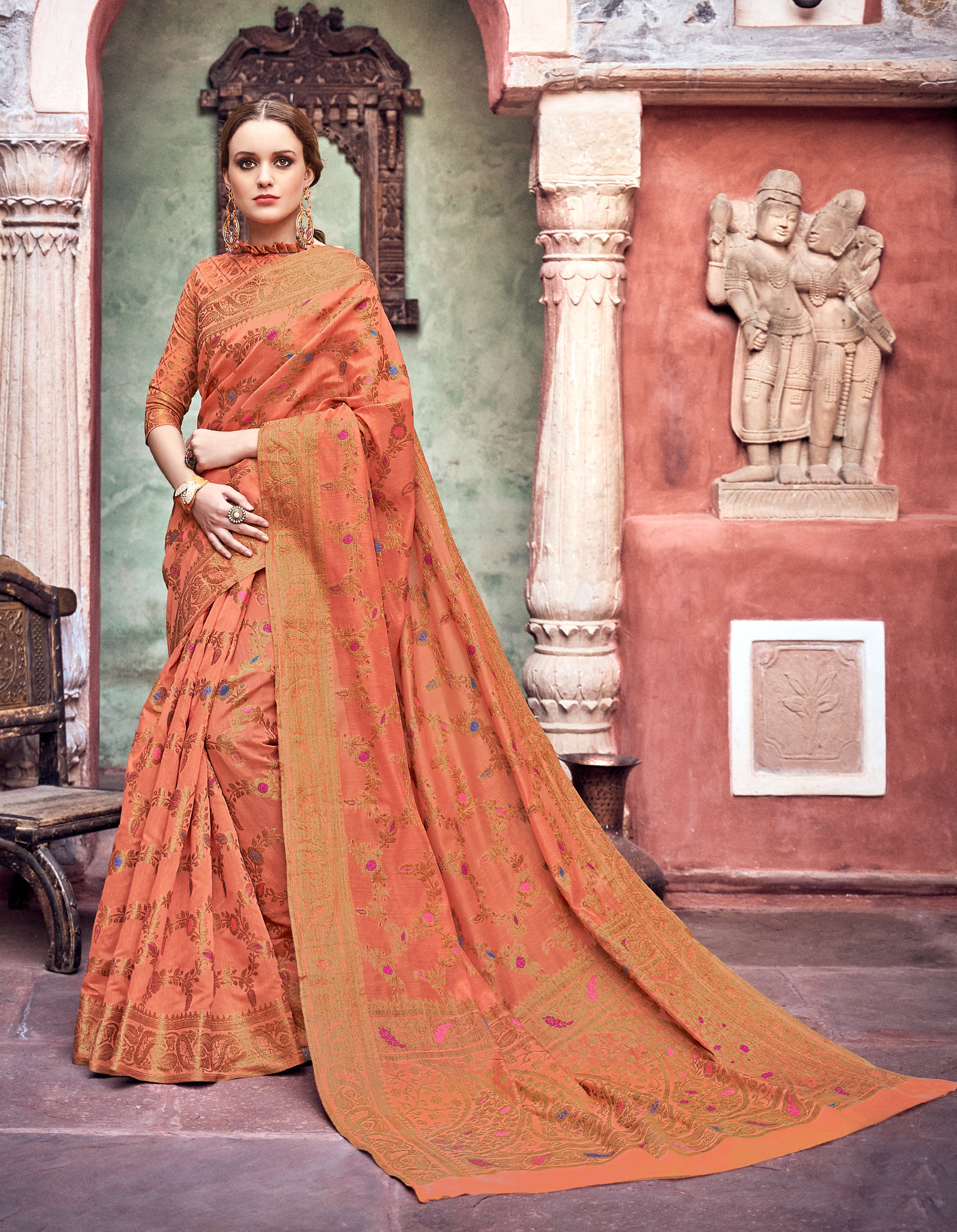 Orange Cotton Jacquard Woven Saree with Blouse » BRITHIKA Luxury Fashion