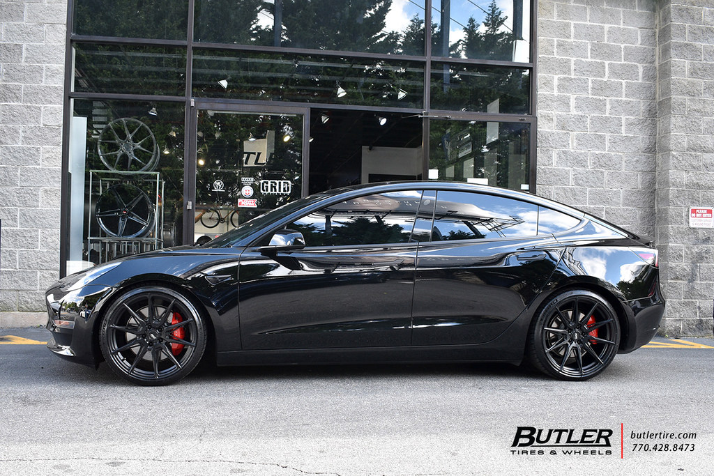 Lowered Tesla Model 3 with 20in ADV1 ADV05 Wheels and Michelin Pilot