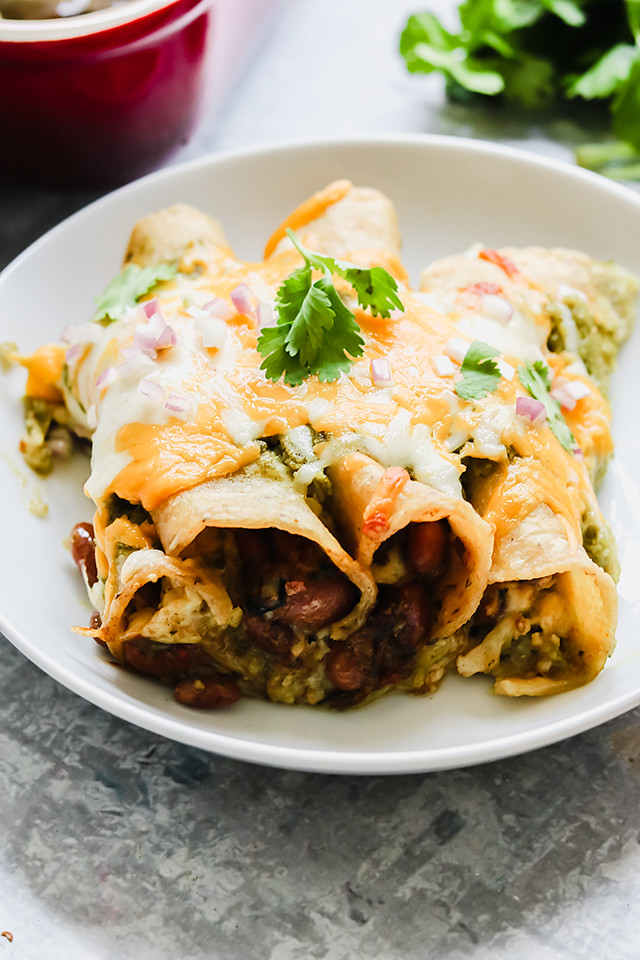 Vegetarian Salsa Verde Bean and Cheese Enchiladas Joanne Eats Well With Others