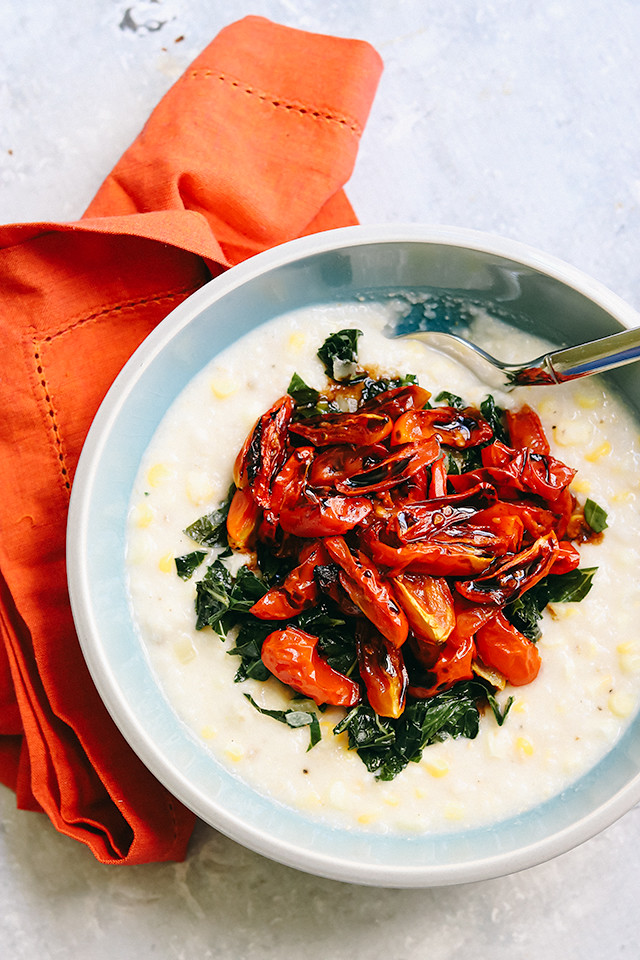 Fresh Corn Grits with Collard Greens and Roasted Cherry Tomatoes