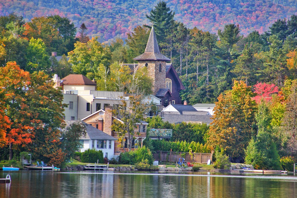 Lake Placid New York MIrror Lake Autumn Scene Downtown a photo