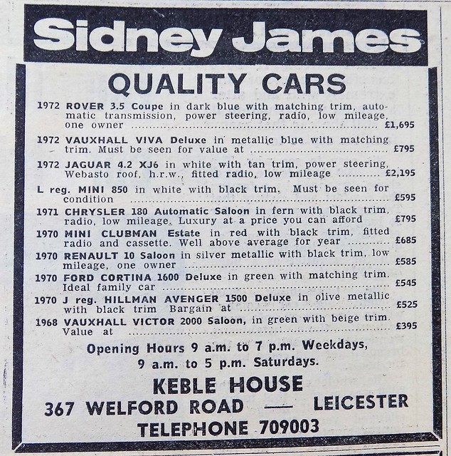 1974 ADVERT SIDNEY JAMES USED CAR SALES KEBLE HOUSE 367 WELFORD