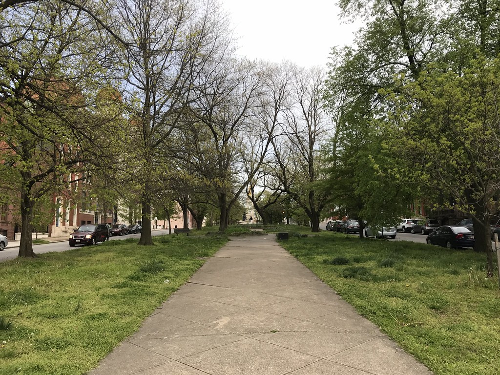 Median park and sidewalk, W. Lafayette Avenue and Eutaw Place