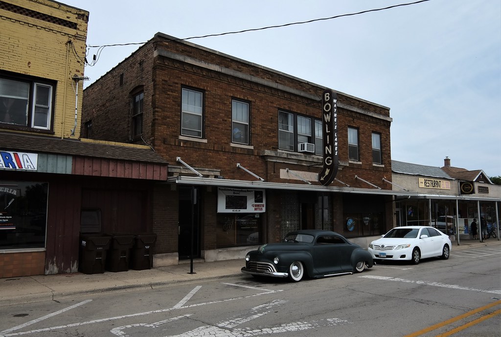 USA Woodstock Illinois downtown area with standalone bowling alley and
