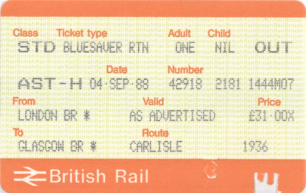 BR Ticket Glasgow 4 Sep 1988 London to Glasgow ticket Neil Smith