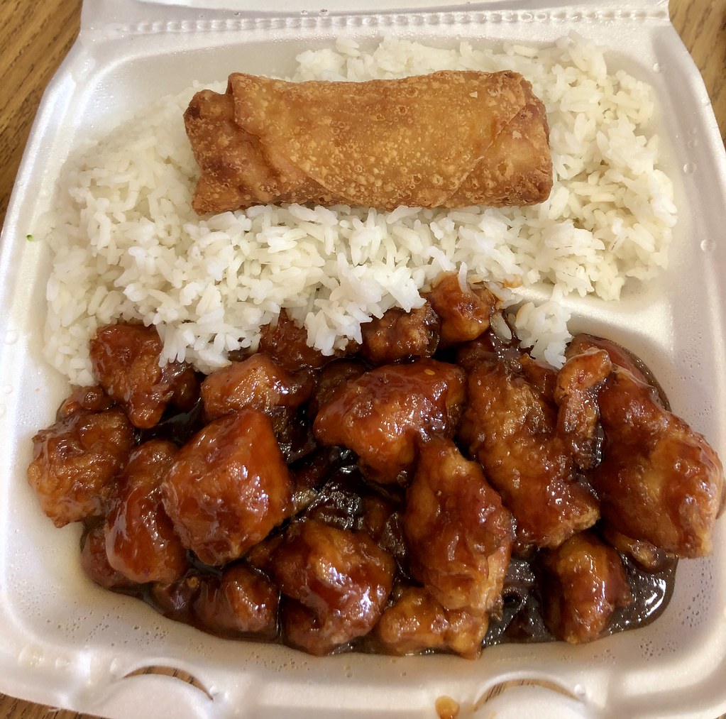 Orange Chicken with an Egg Roll and White Rice Catered int… Flickr