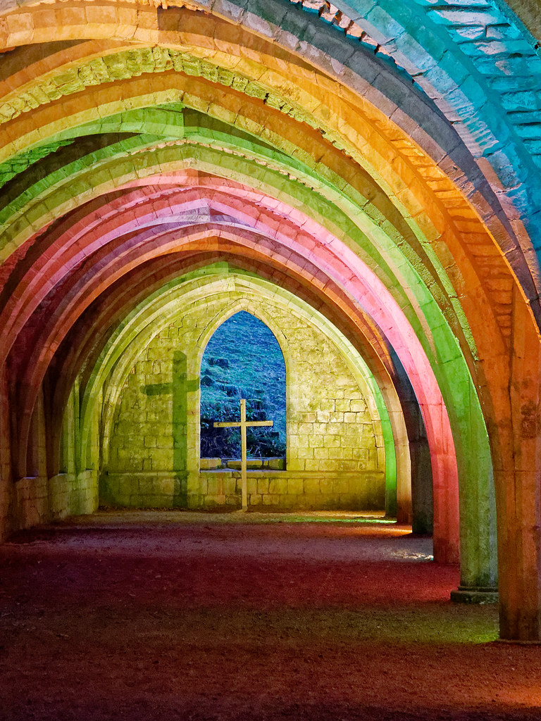 The rainbow chapel Festive Fountains abbey lights Paul Davies Flickr