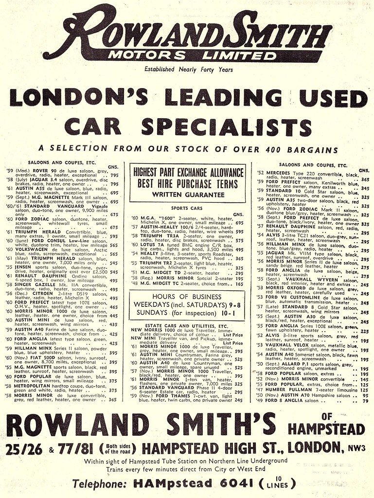 1962 ADVERT ROWLAND SMITH USED CAR SALES HAMPSTEAD HIGH … Flickr