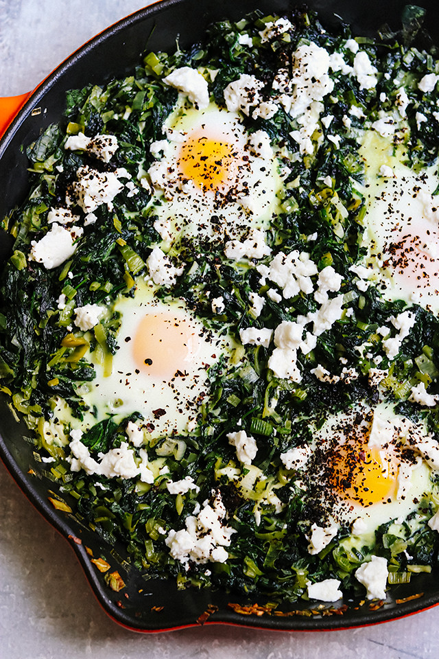 Baked Eggs with Spinach, Leeks, and Feta Joanne Eats Well With Others