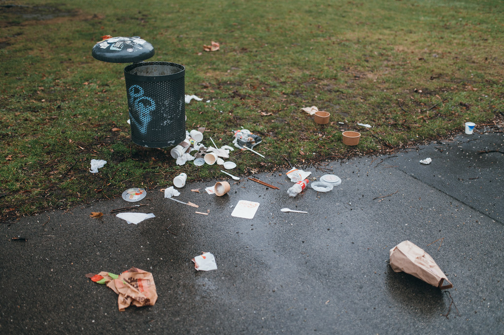 Trash scattered around a bin Ivan Radic Flickr