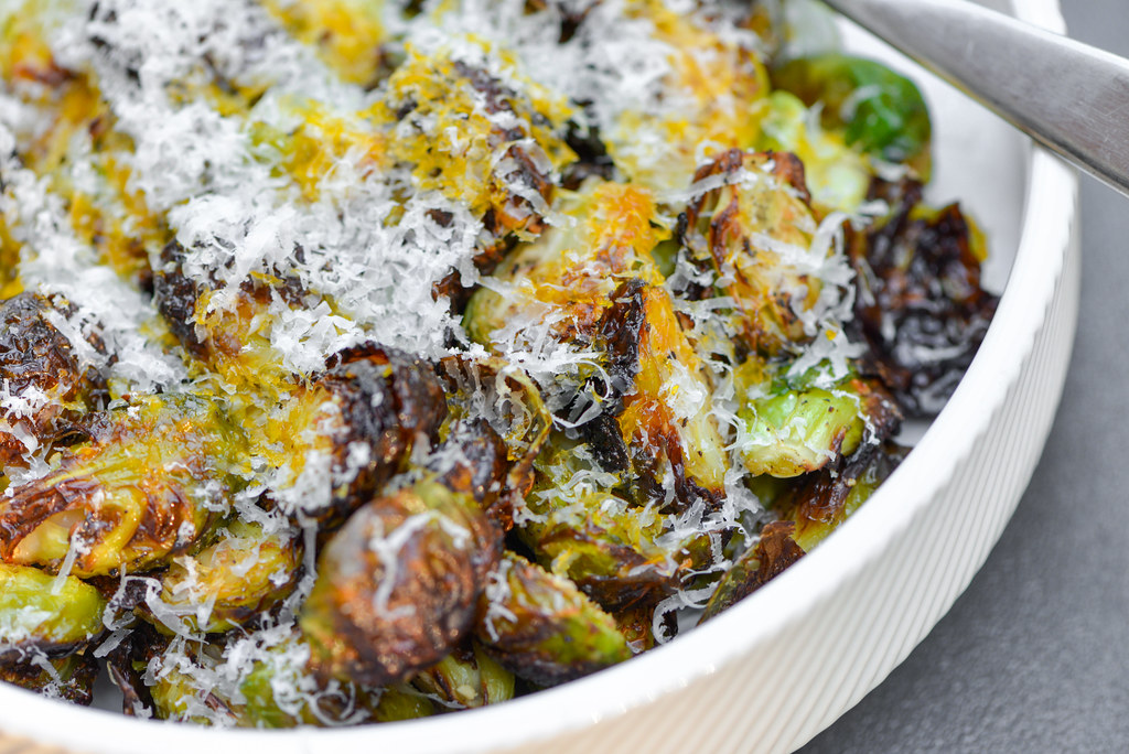 Grilled Garlic Parmesan Brussels Sprouts with Calabrian Chili Oil