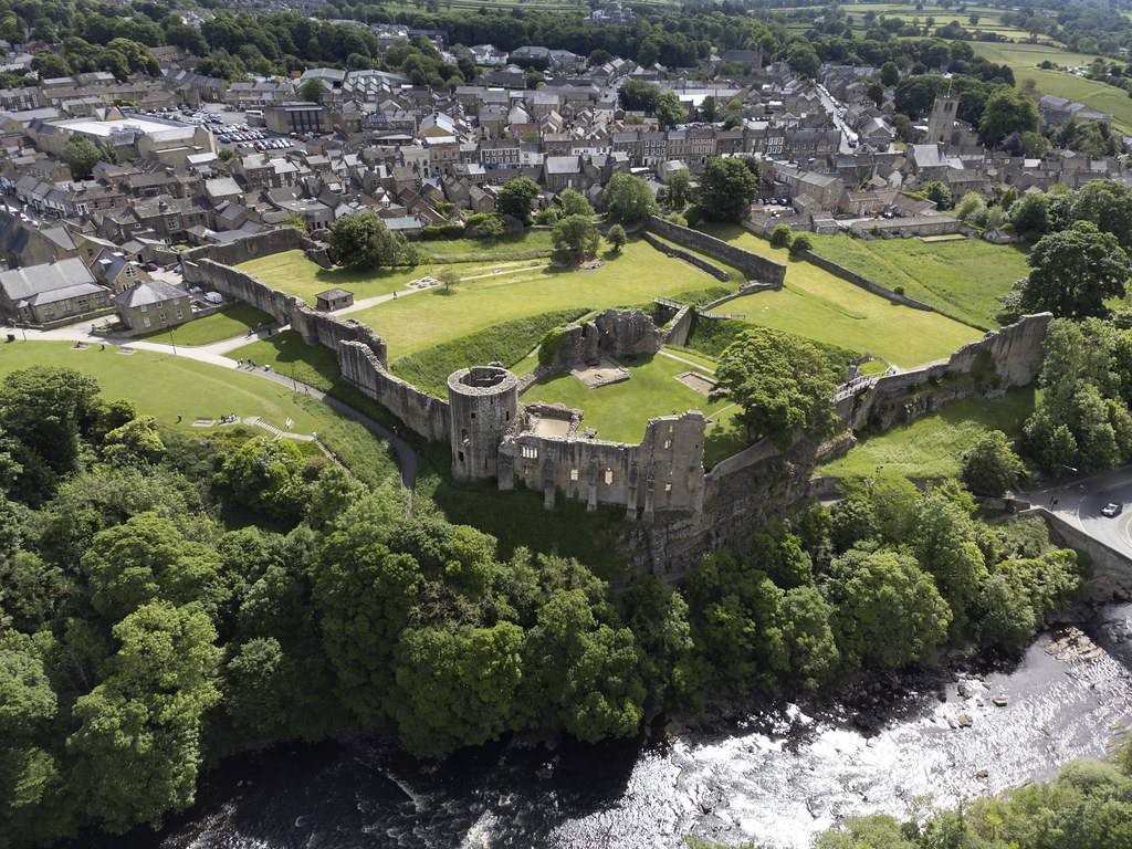 Barnard Castle aerial image medieval castle in County Durham UK a