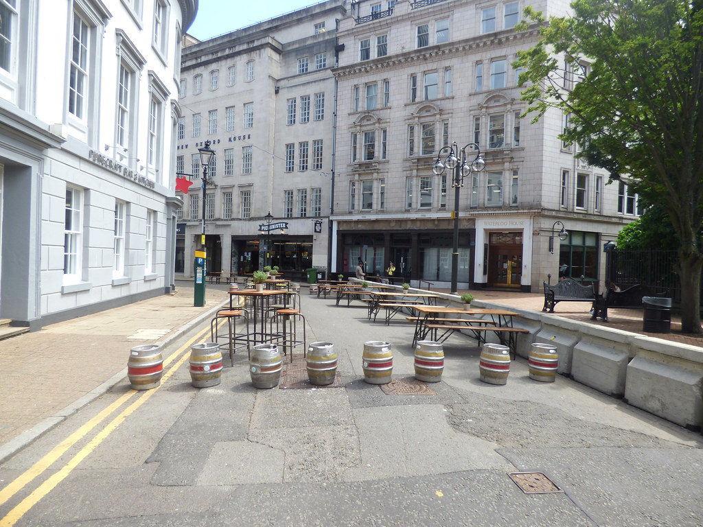 Barrels and outdoor dining on Waterloo Street near Victoria Square a