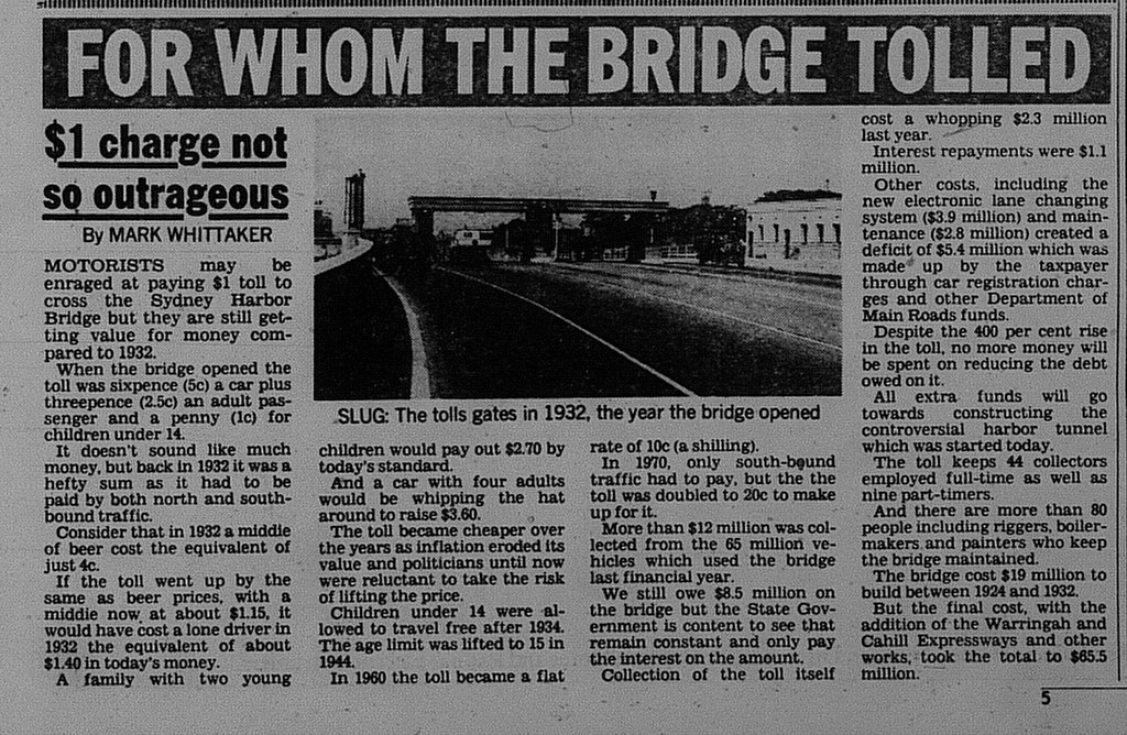 Harbour Bridge Toll Increase June 2 1987 daily mirror 5 Flickr