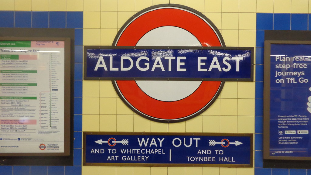 Aldgate East Station Station roundel and posters. MartynL1804 Flickr