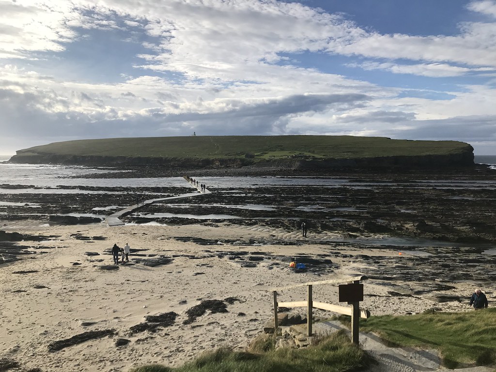 Birsay broch and causeway at low tide. hugh anderson Flickr