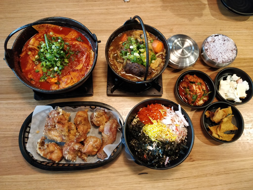 Kimchi pork, beef rib stews, fried chicken, crab and tobiko rice balls