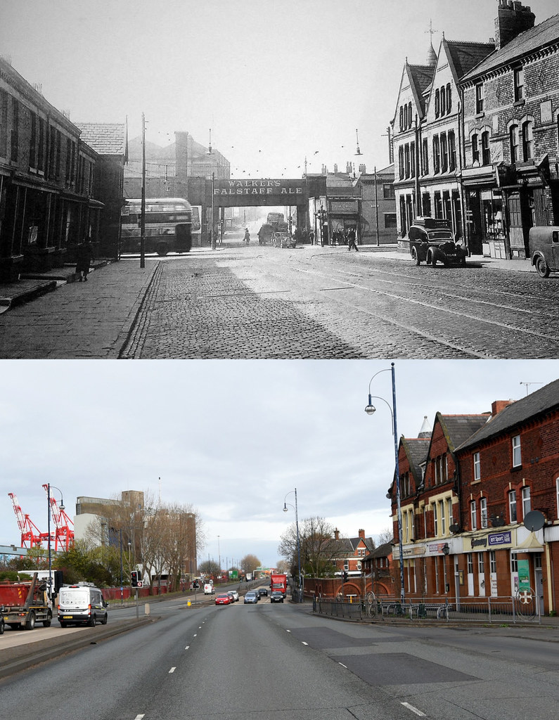 Rimrose Road at Knowsley Road, Bootle, 1950s and 2022 Flickr
