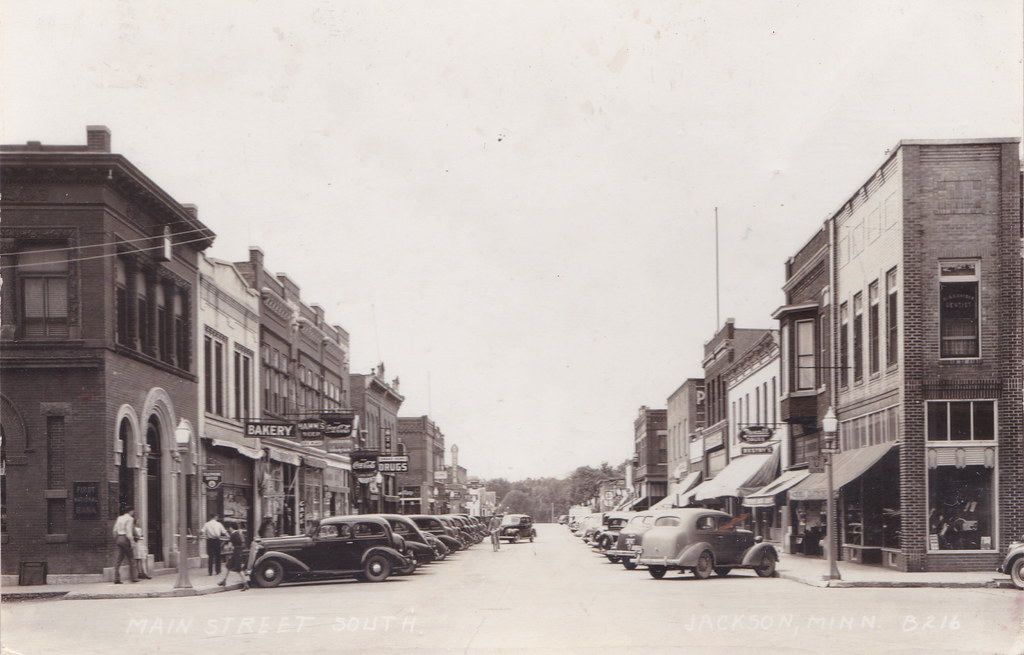 US MN Jackson RPPC 1940 Downtown view Stores Businesses Ga… Flickr