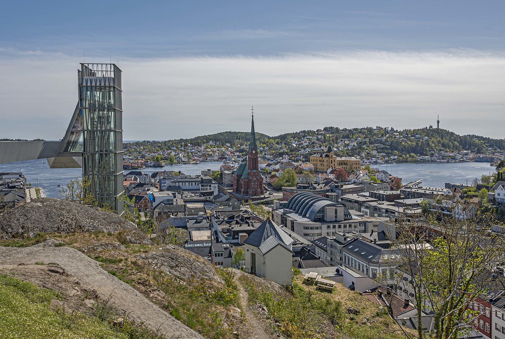 The glass elevator and the cathedral in Arendal, Norway. Flickr