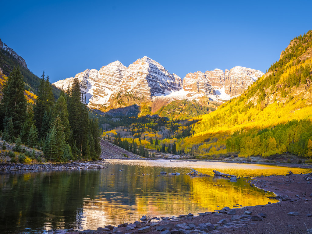Snowcapped Maroon Bells Peak Autumn Aspens Colorado Colors Sunrise