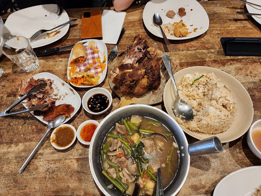 Snigang brisket soup, crispy pata pork leg, Cebu lechon pork belly, lumpiang gulay spring roll