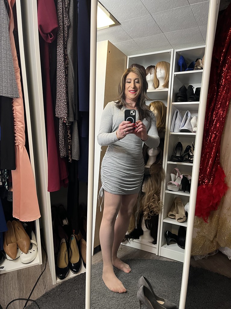 Dressing room selfie in sexy gray dress. Stacie Heather Stevens Flickr