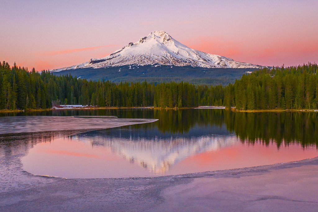 Alpine Glow Ice & Water Reflections Orange Pink Snowcapped Mount Hood