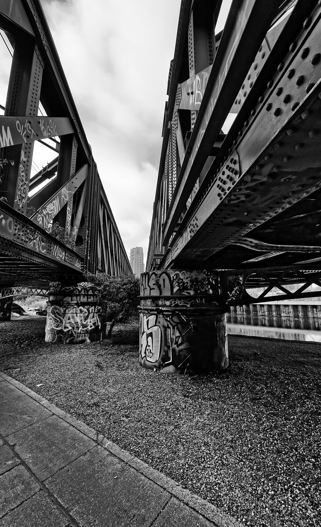 two bridges Railway bridges over the River Lea near Bow. Francis