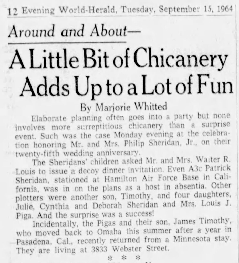 Phil MM 25th Party Evening WorldHerald, 9/15/1964 Caitlin Weiss